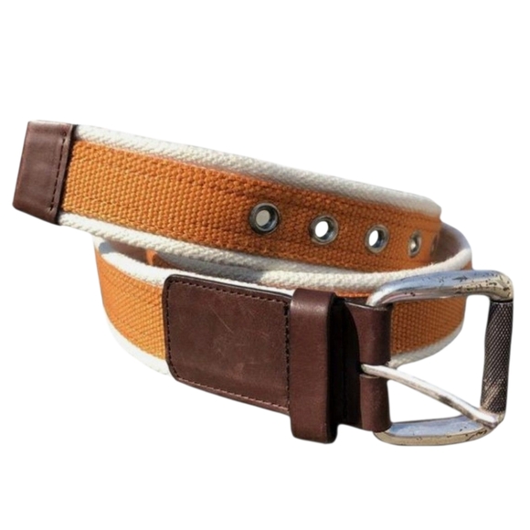 Cole Haan Canvas Orange Stripe Leather Belt With Grommet Holes 32/80 - Picture 1 of 4